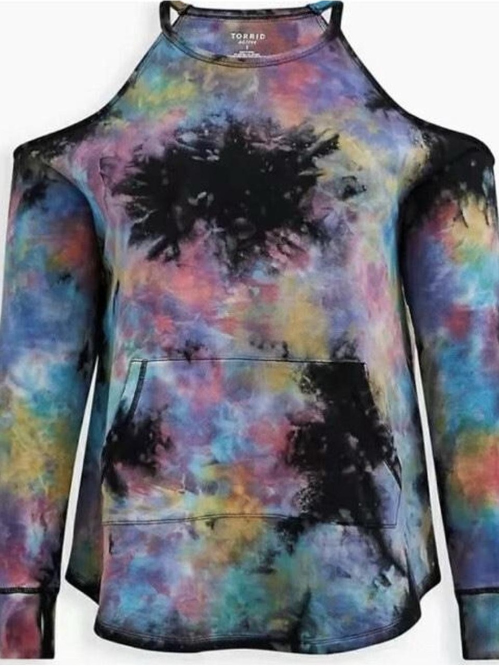 torrid Multicolor Tie-Dye Cold-Shoulder Pullover with Black Accents